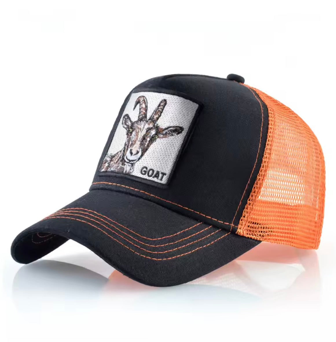 Goat Patch Trucker Hat – Black & Orange Mesh Snapback Cap