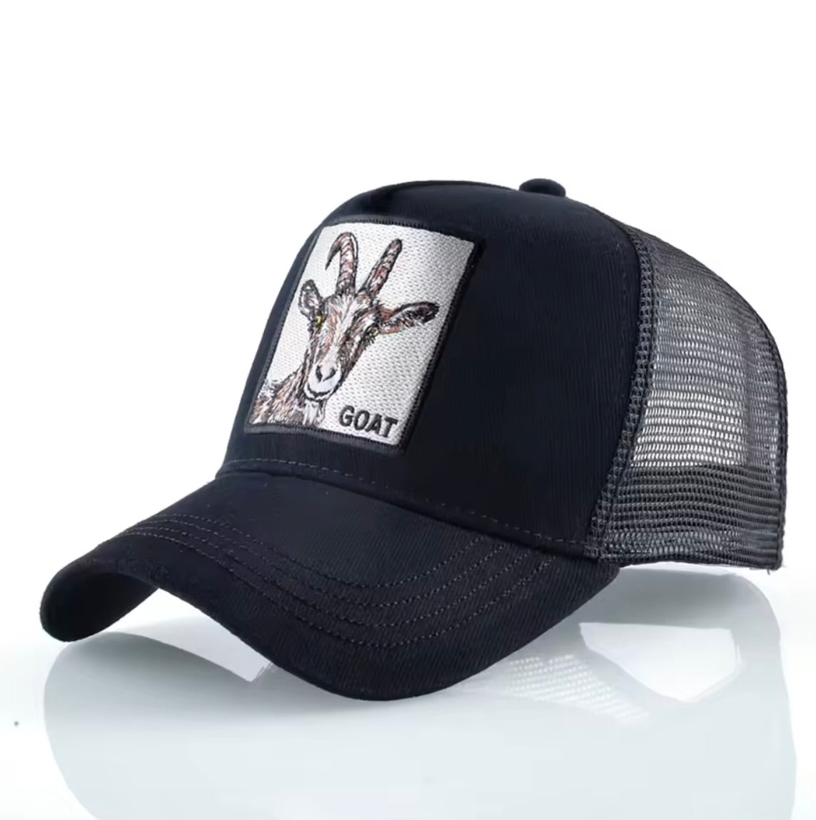 Black Goat Patch Trucker Hat – Classic Mesh Snapback Cap
