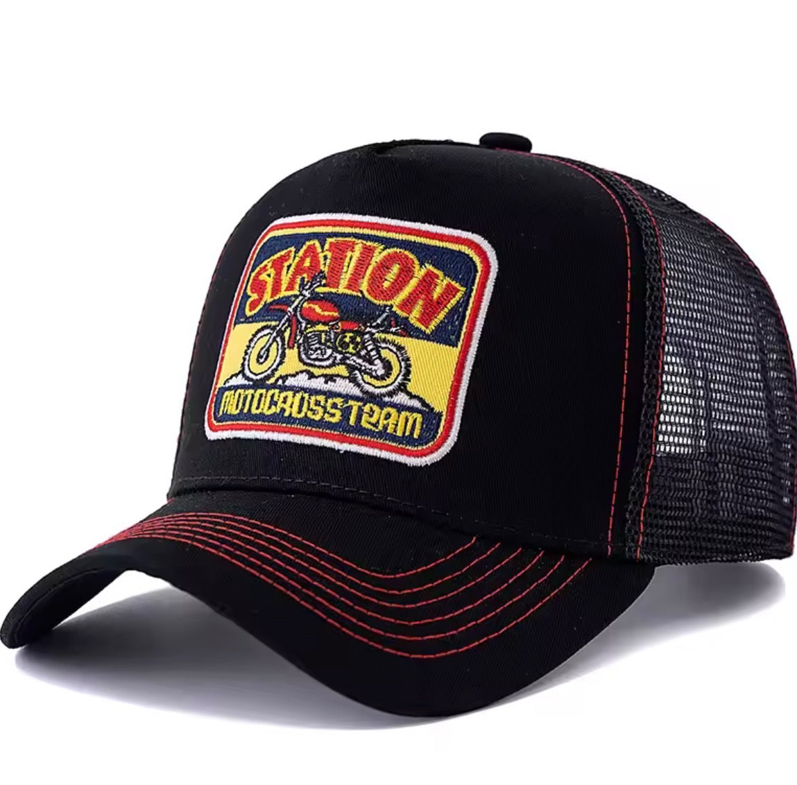 Vintage Racing Moto Patch Trucker Hat – Black Mesh Snapback Cap